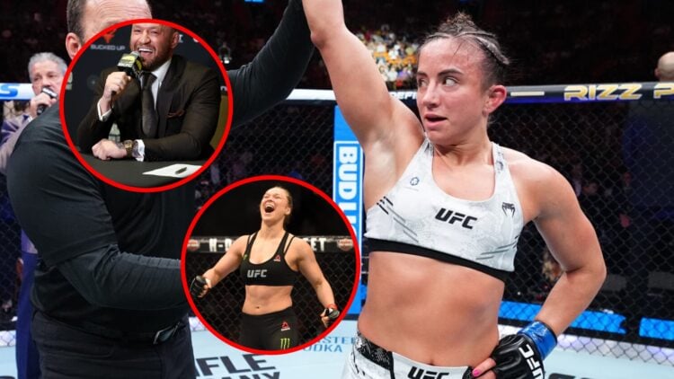 Main: Maycee Barber celebrates after her win at UFC 299. Top Inset: Conor McGregor speaks at a BKFC press conference. Bottom Inset: Ronda Rousey ce...