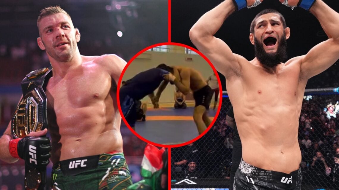 Dricus du Plessis celebrates after beating Sean Strickland at UFC 312 with Khamzat Chimaev preparing to face Kamaru Usman at UFC 294 with an inset ...
