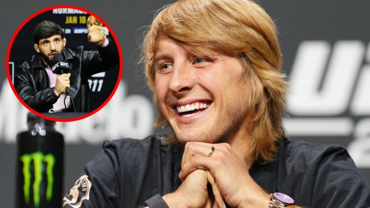 Paddy Pimblett on stage during the UFC 296 press conference with an inset of Arman Tsarukyan speaking at the UFC 311 press conference
