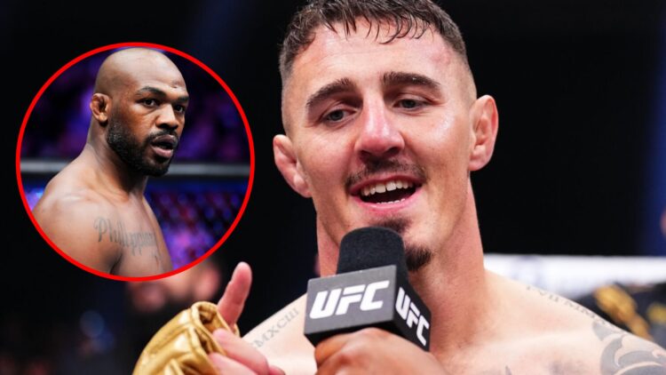 Main: Tom Aspinall is interviewed in the Octagon after his win over Curtis Blaydes at UFC 304. Inset: Jon Jones stares down Ciryl Gane before their...