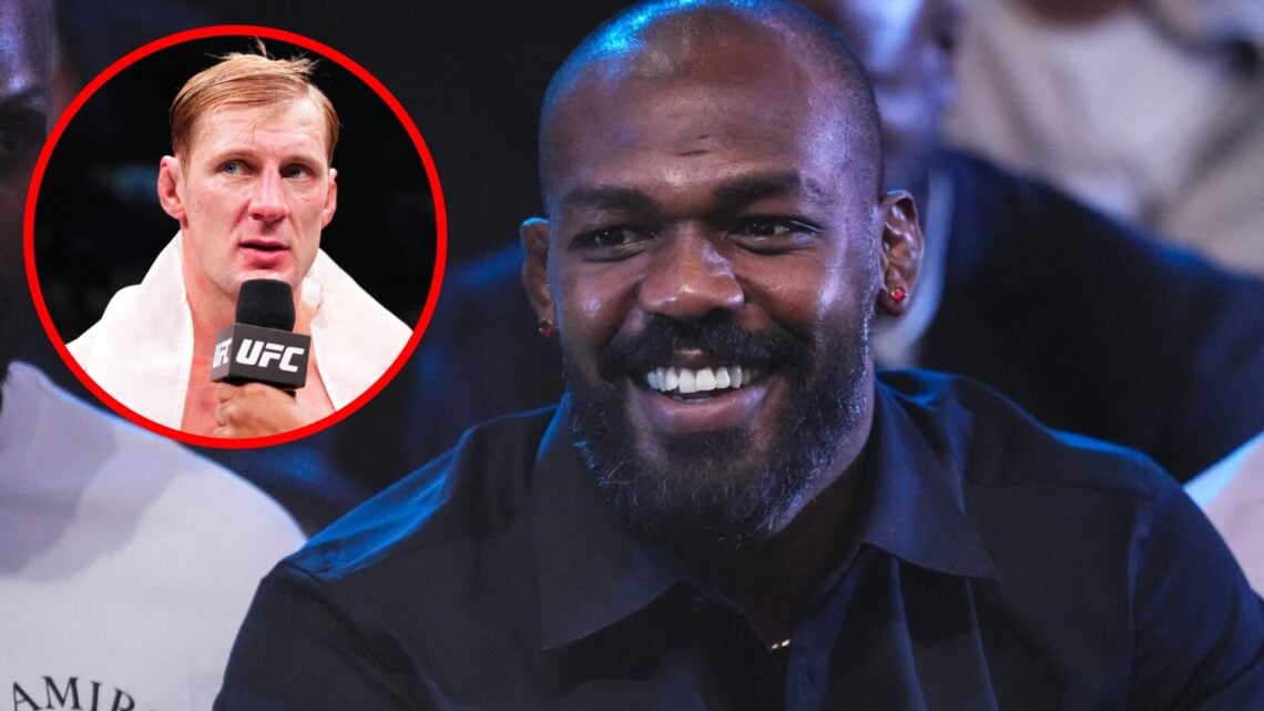Jon Jones in attendance at UFC 306 with an inset of Alexander Volkov reacting to his win over Sergei Pavlovich in Riyadh