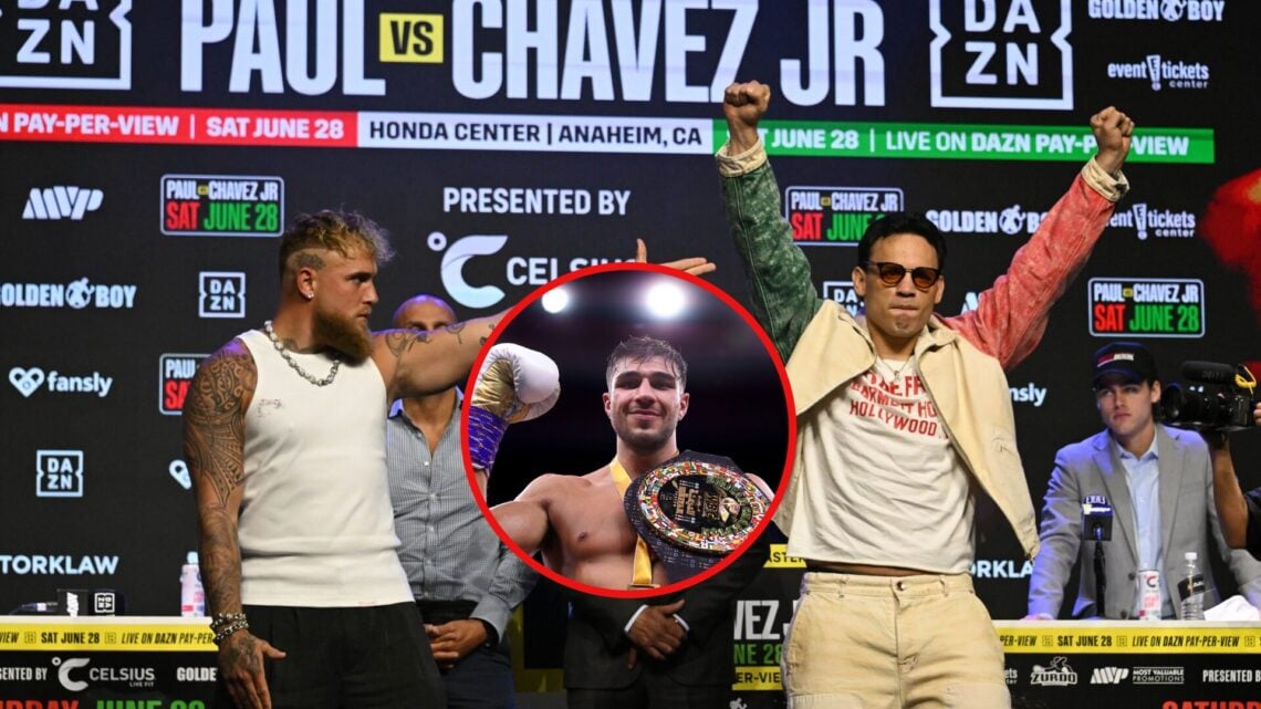 Main photo shows Jake Paul aiming a gun sign at Julio Cesar Chavez Jr who has arms aloft. Bubble shows Tommy Fury with a WBC belt