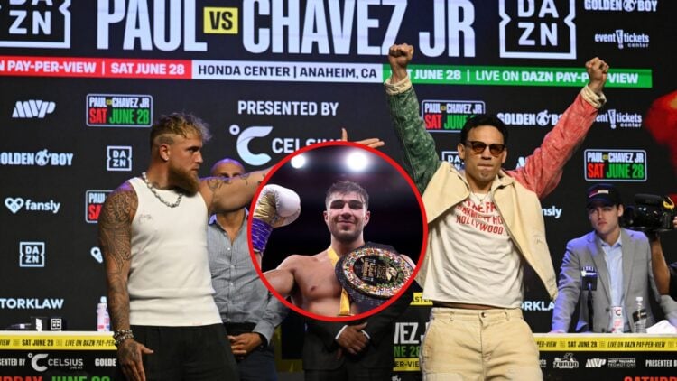 Main photo shows Jake Paul aiming a gun sign at Julio Cesar Chavez Jr who has arms aloft. Bubble shows Tommy Fury with a WBC belt