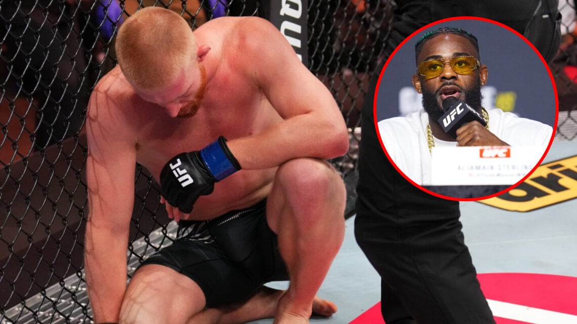 Bo Nickal reacts after a TKO loss to Reinier de Ridder at UFC Des Moines, inset Aljamain Sterling at the UFC 310 press conference