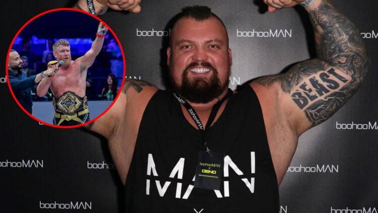 Eddie Hall poses during a media appearance, inset Sam Alvey after knocking out Tyrone Spong in the Karate Combat 54 main event