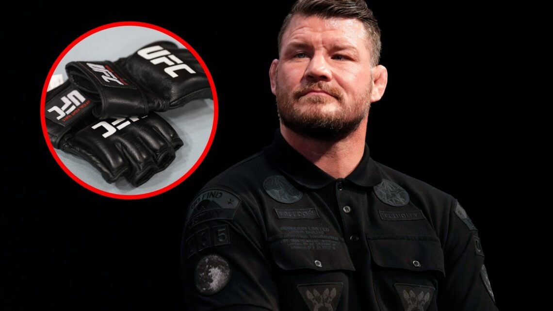 Image of Michael Bisping at the UFC 280 press conference with an inset of UFC gloves on the floor