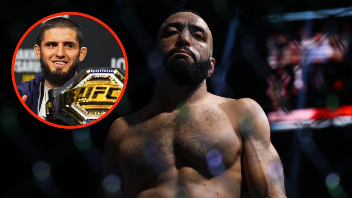 Belal Muhammad moments before UFC 304 fight against Leon Edwards with an inset of Islam Makhachev during UFC 311 press conference