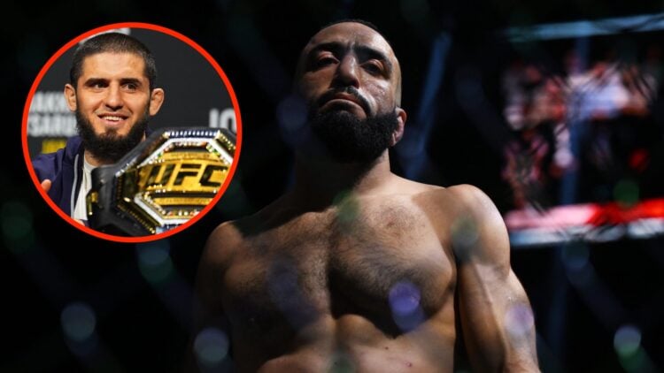 Belal Muhammad moments before UFC 304 fight against Leon Edwards with an inset of Islam Makhachev during UFC 311 press conference