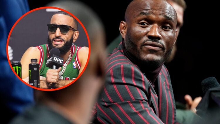 Kamaru Usman at the UFC 296 press conference with an inset of Belal Muhammad at the UFC 304 press conference