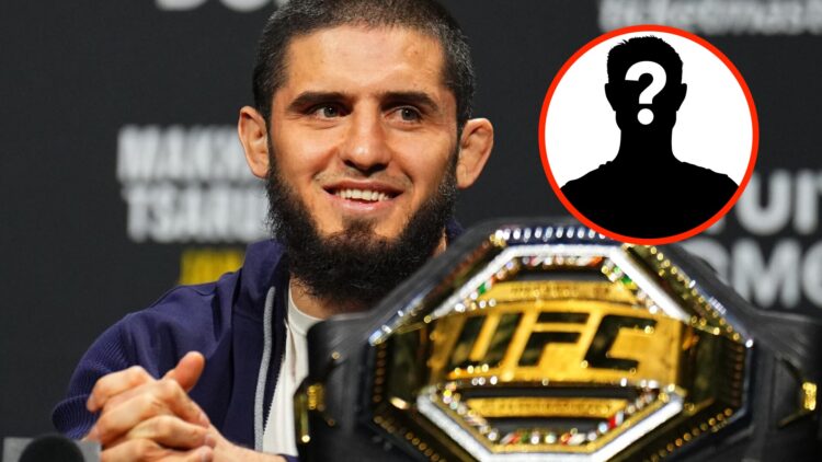 Islam Makhachev at the UFC 311 press conference with an inset of a mystery fighter
