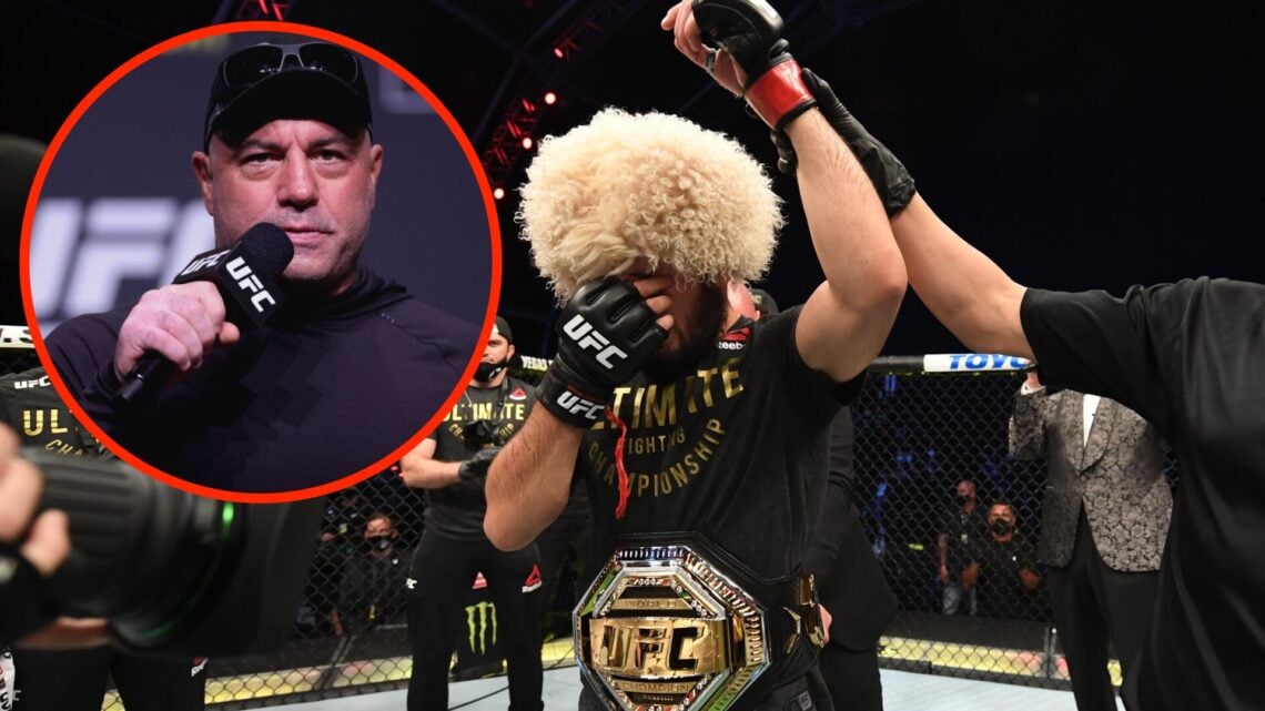 Khabib Nurmagomedov celebrates his UFC 254 win with an inset of Joe Rogan at the UFC 277 weigh-ins