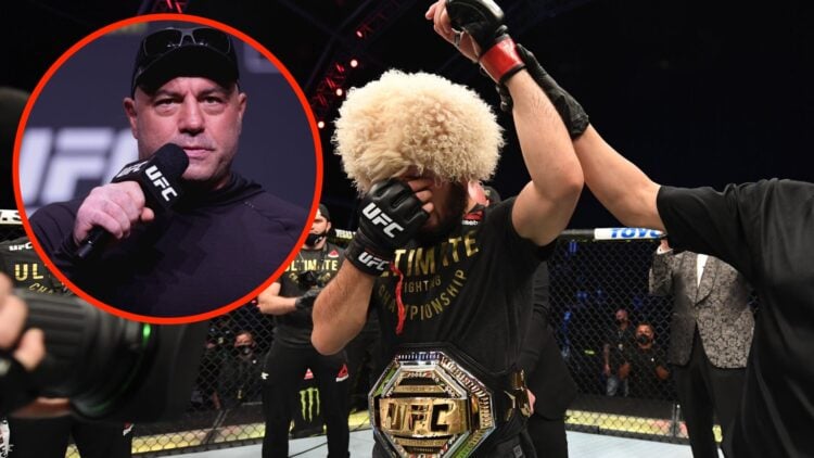 Khabib Nurmagomedov celebrates his UFC 254 win with an inset of Joe Rogan at the UFC 277 weigh-ins