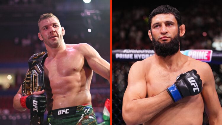 Dricus Du Plessis celebrates his UFC 312 win over Sean Strickland split with Khamzat Chimaev following his UFC 308 win