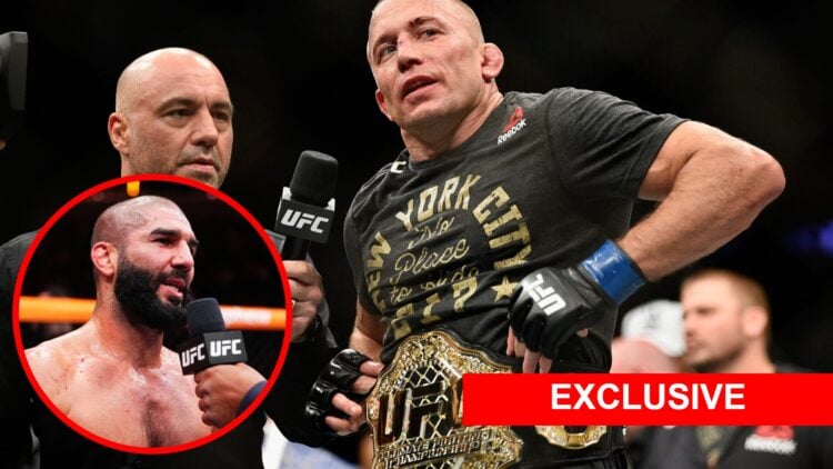 Georges St-Pierre talks to Joe Rogan after beating Michael Bisping at UFC 217 with an inset of Aiemann Zahabi reacting to his win over Pedro Munhoz...