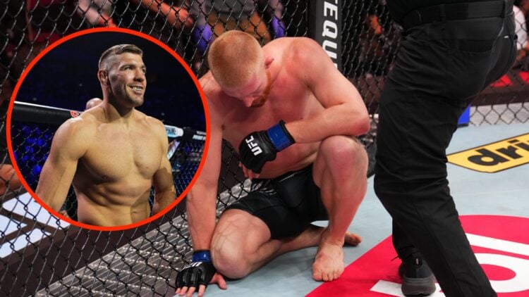 Bo Nickal moments after his defeat to Reinier De Ridder with an inset of Dricus Du Plessis moments before his UFC 312 title defense