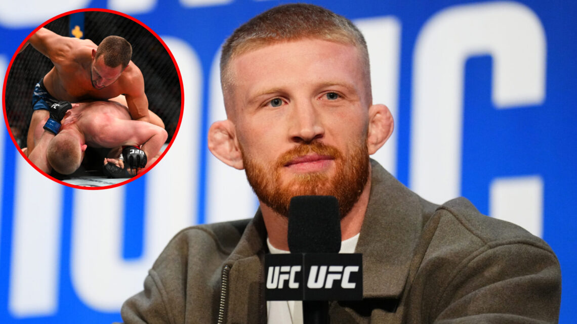 Bo Nickal answers a question at the UFC 309 press conference, inset Nickal getting punched by Reinier de Ridder at UFC Des Moines