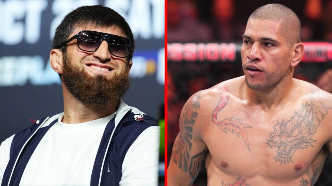 Split image of Magomed Ankalaev at the UFC 308 press conference and Alex Pereira during his fight with Jan Blachowicz at UFC 291