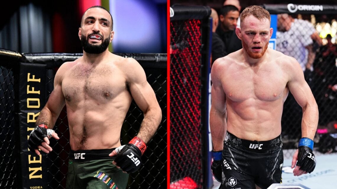 Split image of Belal Muhammad preparing to fight at UFC 290 and Jack Della Maddalena during his fight at UFC 299
