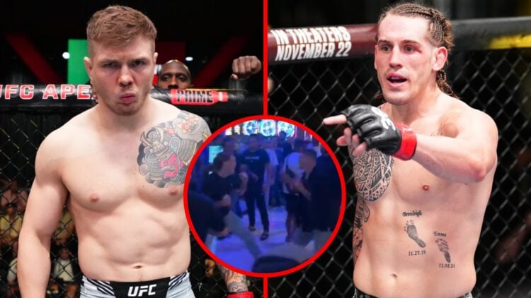 Split image of Marvin Vettori preparing to face Jared Cannonier at the UFC Apex with Brendan Allen reacting after his win over Paul Craig with an i...