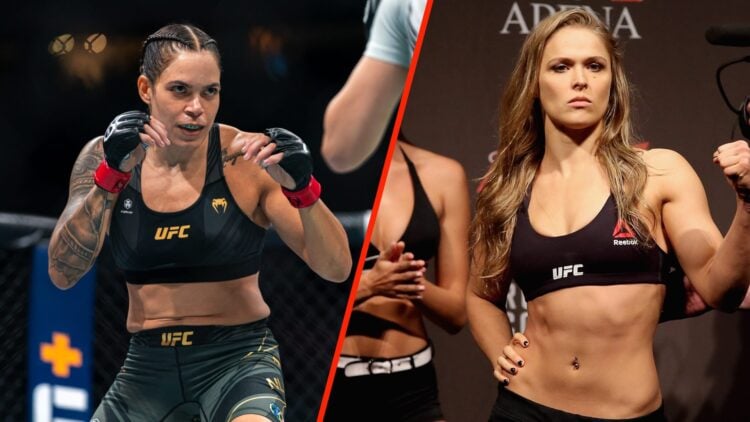 A split image of Amanda Nunes in the ring and Ronda Rousey at a weigh in