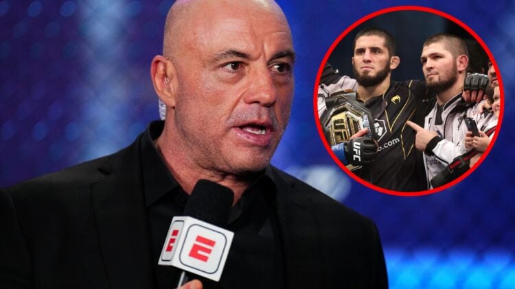 Image of Joe Rogan talking into a mic at UFC 313 with an inset of Islam Makhachev celebrating his UFC 280 title win with Khabib Nurmagomedov