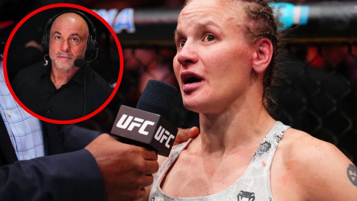 Valentina Shevchenko reacts after fighting to a draw with Alexa Grasso at Noche UFC with an inset of Joe Rogan looking on during UFC 306