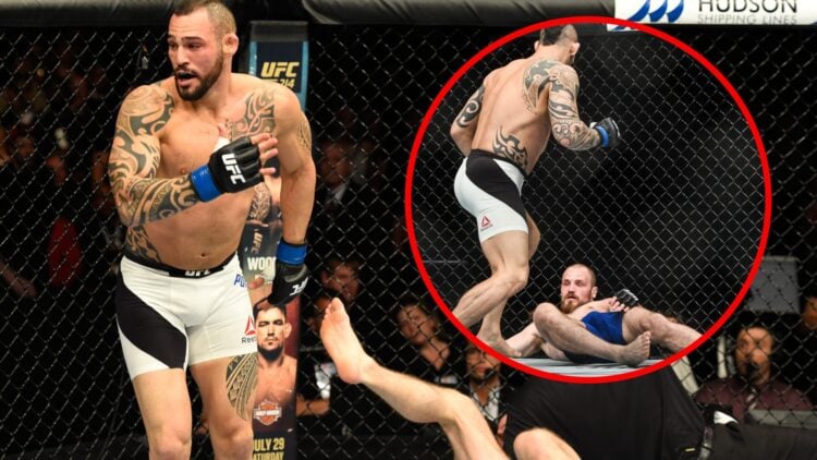 Image of Santiago Ponzinibbio dancing after knocking out Gunnar Nelson, with an inset of him standing over Nelson