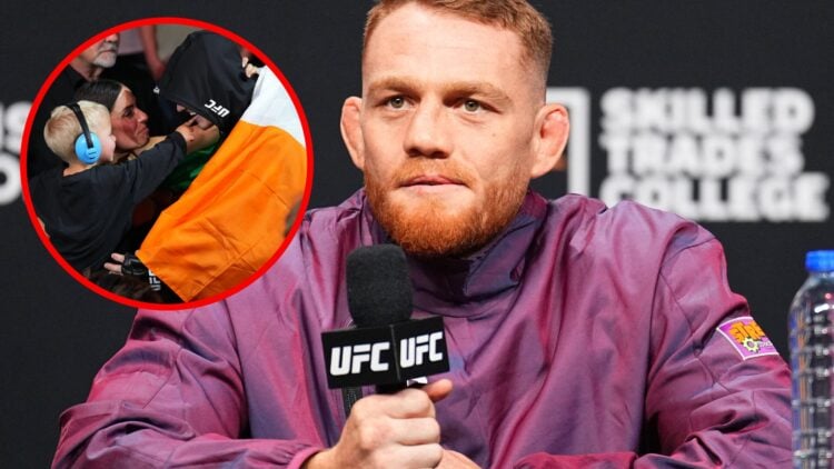 Image of Jack Della Maddalena on the mic at the UFC 315 press conference with an inset of Ian Garry embracing his wife and son at UFC Kansas City