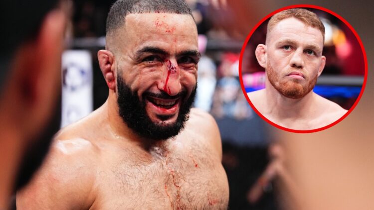 Belal Muhammad reacts after beating Leon Edwards at UFC 304 with an inset of Jack Della Maddalena preparing to face Gilbert Burns at UFC 299