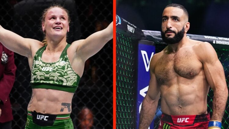 A split image of Valentina Shevchenko and Belal Muhammad