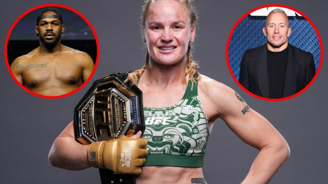 Valentina Shevchenko poses after beating Alexa Grasso at UFC 306 with insets of Jon Jones on the scales ahead of UFC 285 and Georges St-Pierre at t...