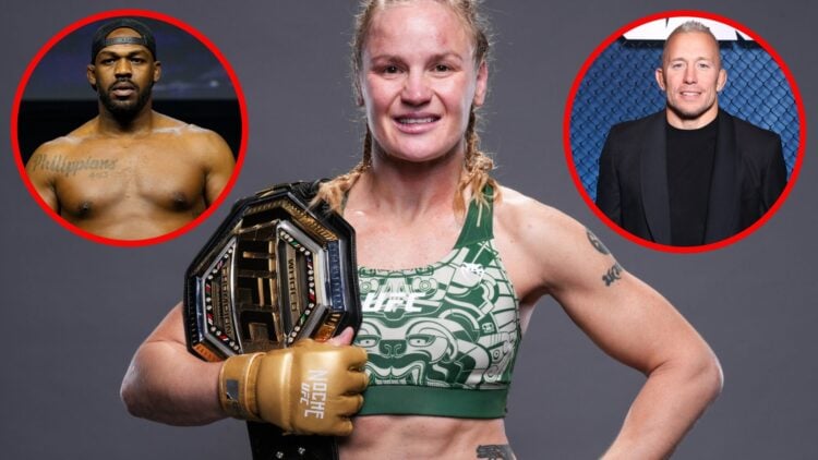 Valentina Shevchenko poses after beating Alexa Grasso at UFC 306 with insets of Jon Jones on the scales ahead of UFC 285 and Georges St-Pierre at t...