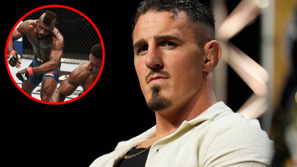 Tom Aspinall on stage at the UFC 304 press conference with an inset of Joaquin Buckley knocking out Impa Kasanganay