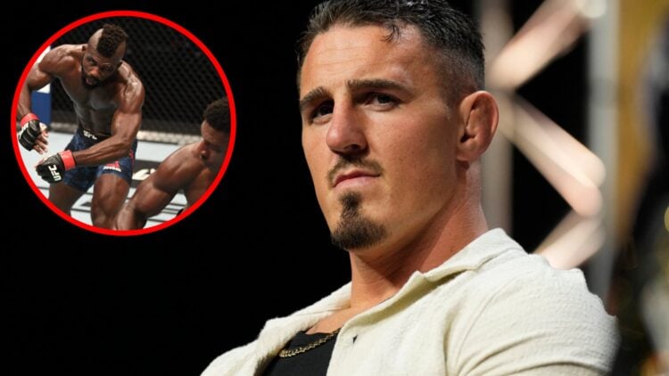 Tom Aspinall on stage at the UFC 304 press conference with an inset of Joaquin Buckley knocking out Impa Kasanganay