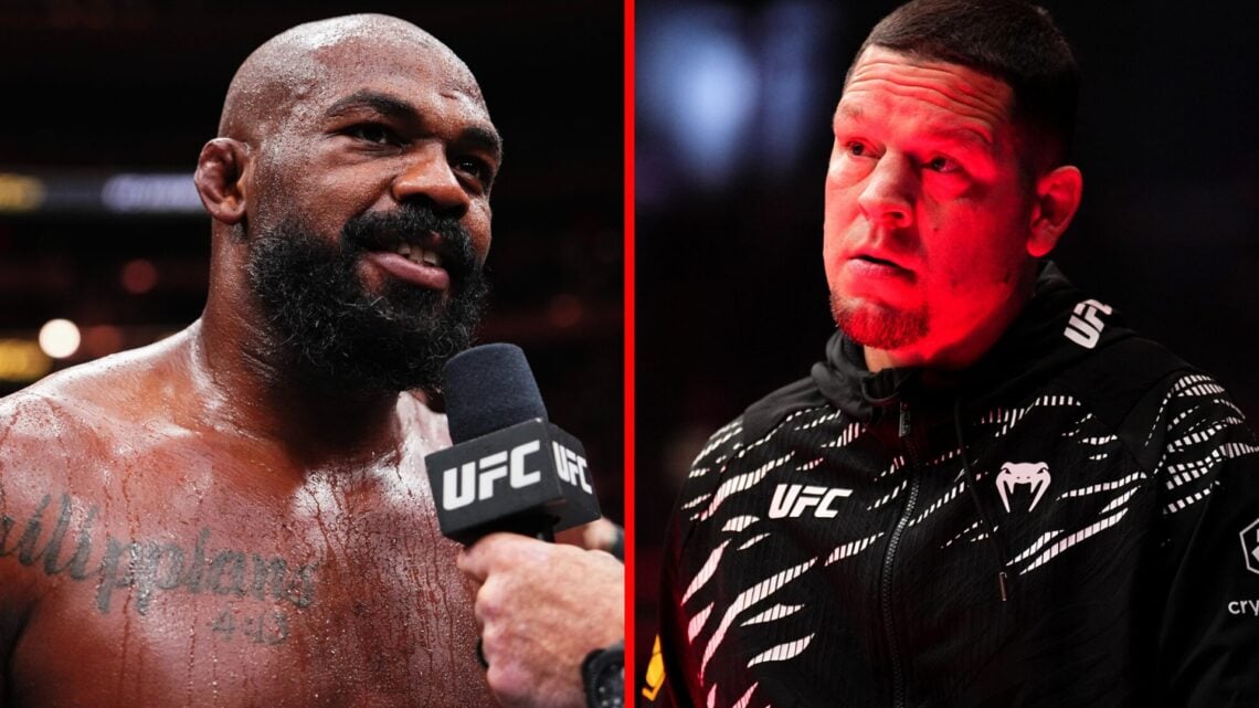 Split image of Jon Jones speaking after his win at UFC 309 and Nate Diaz on corner duty at UFC 310