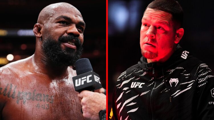 Split image of Jon Jones speaking after his win at UFC 309 and Nate Diaz on corner duty at UFC 310