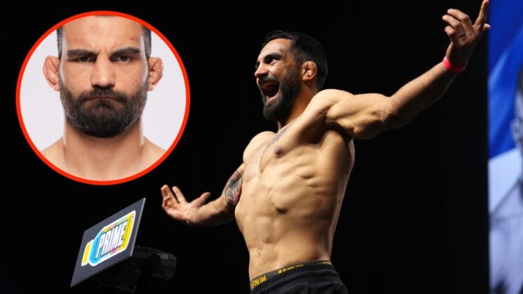 Benoit Saint-Denis at the UFC 315 ceremonial weigh-ins with an inset of Saint-Denis at the official UFC photoshoot
