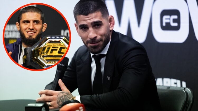 Ilia Topuria during a press conference in Spain with an inset of Islam Makhachev during the UFC 311 press conference
