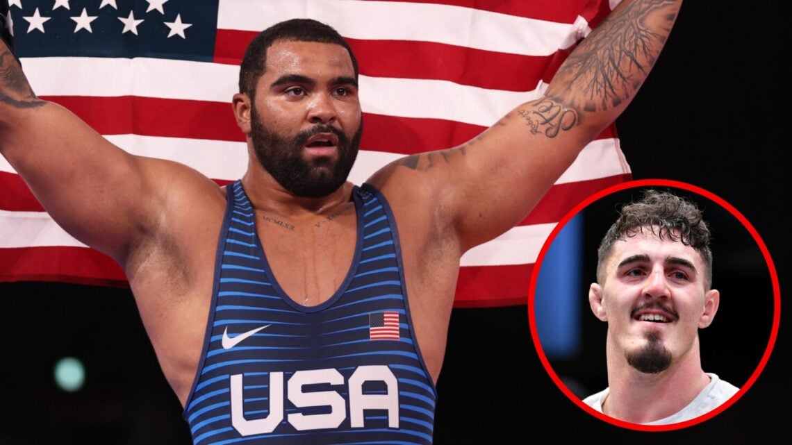 Gable Steveson celebrates at the Tokyo 2020 Olympic Games with an inset of Tom Aspinall reacting to his win over Andrei Arlovski