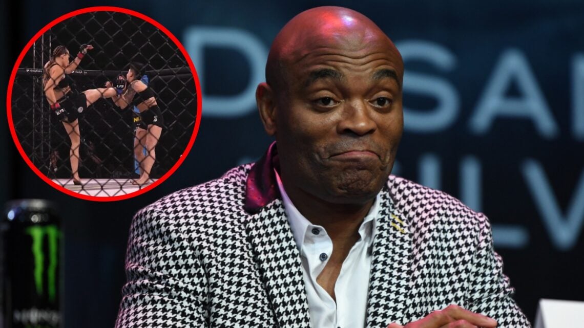 Anderson Silva answers a question during the UFC 234 pre-fight press conference with an inset of Aline Davis kicking Stephanie Nayen at LFA 208