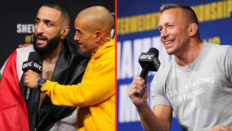Belal Muhammad talks to Jon Anik at the UFC 315 ceremonial weigh-ins split with Georges St-Pierre answering questions