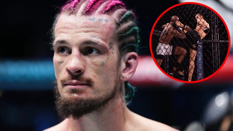 Sean O'Malley looks on during his UFC 306 fight with Merab Dvalishvili with an inset of Luis Francischinelli kicking Angelo Rivera Jr. at LFA 208