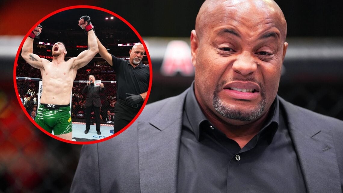 Split image of Modestas Bukauskas reacting to his win at UFC 315 and Daniel Cormier looking disgusted