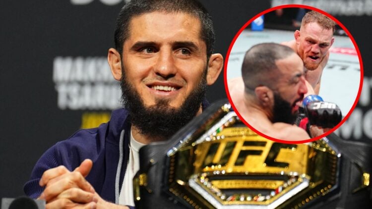 Image of Islam Makhachev smiling at a UFC press conference, with an inset of Jack Della Maddalena punching Belal Muhammad