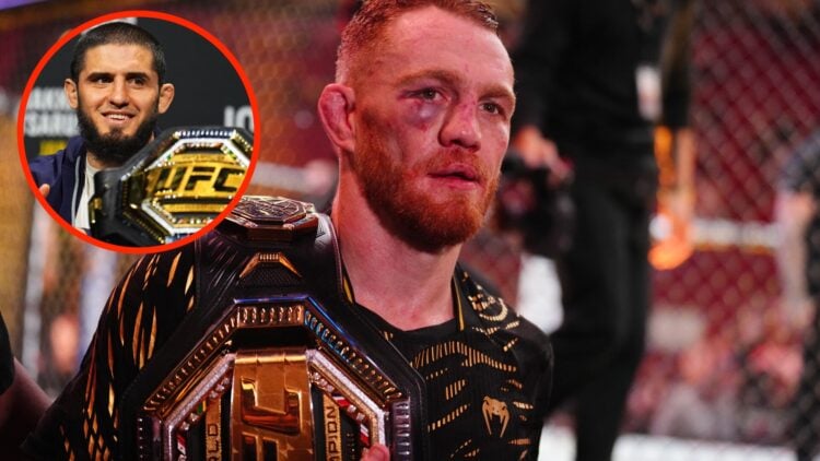 Jack Della Maddalena leaves the Octagon following his UFC 315 title win with an inset of Islam Makhachev at the UFC 311 press conference