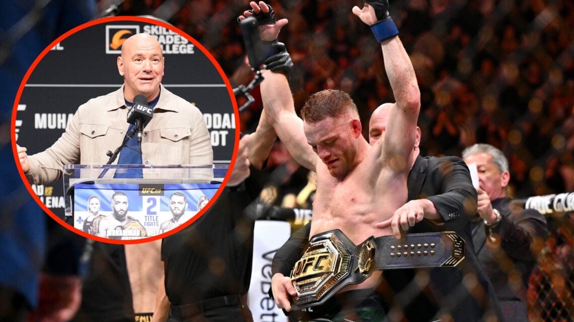 Jack Della Maddalena being presented with the title following UFC 315 win with an inset of Dana White at the UFC 315 pre-fight press conference