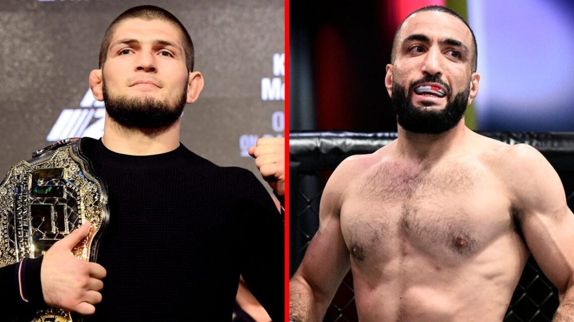 Khabib Nurmagomedov poses at the UFC 229 press conference with Belal Muhammad preparing to fight Lyman Good at the UFC Apex