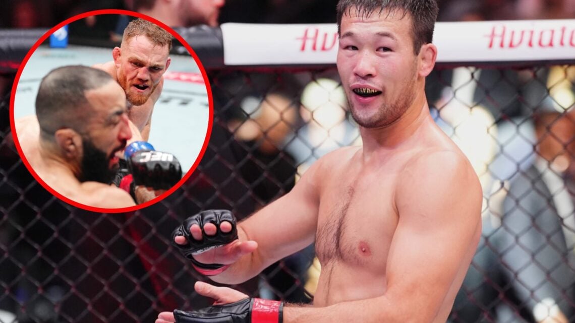 Shavkat Rakhmonov reacts to his win over Stephen Thompson at UFC 296 with an inset of Jack Della Maddalena punching Belal Muhammad at UFC 315