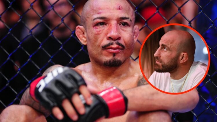 Jose Aldo moments after his retirement following loss at UFC 315 with an inset of Alexander Volkanovski in attendance at UFC 312