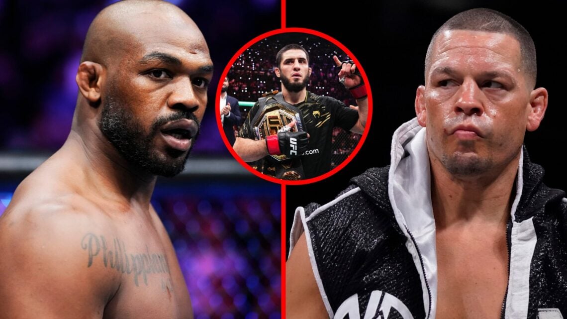 Split image of Jon Jones after winning at UFC 285 and Nate Diaz before his boxing bout with Jorge Masvidal with an inset of Islam Makhachev